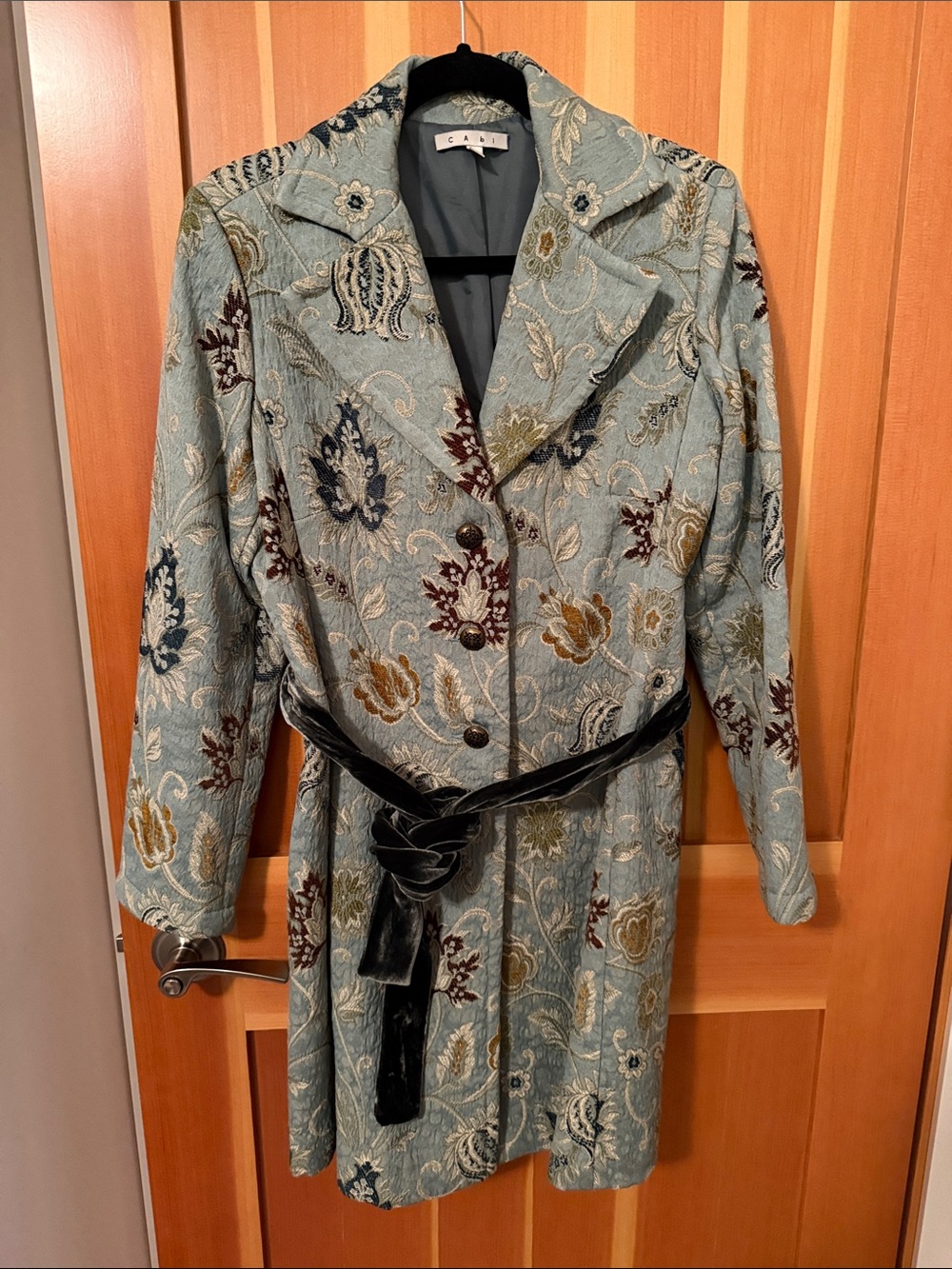 Blue Floral Brocade Cabi Coat with Velvet Belt size 8